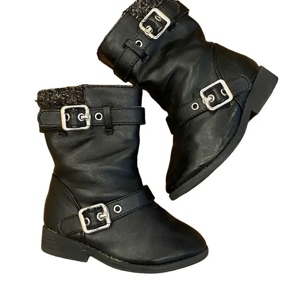 Garanimals Black Fashion Boots Side Zipper Knit Upper Buckle Accents Toddler Siz